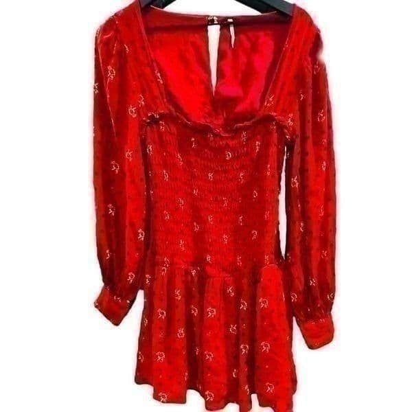 FREE PEOPLE Two Faces Smocked Floral Red Dress Size Small - Image 1