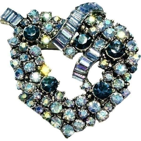VINTAGE Crystal Rhinestone Blue Aurora Borealis Heart Shaped Ribbon Brooch Pin M - Image 1