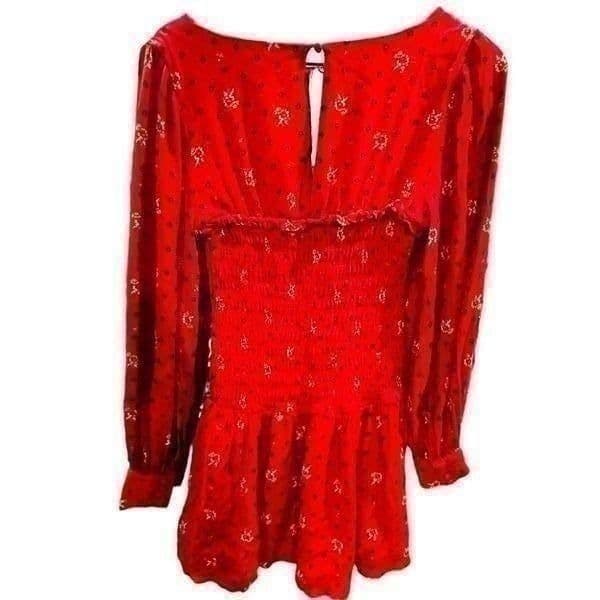 FREE PEOPLE Two Faces Smocked Floral Red Dress Size Small - Thumbnail 2