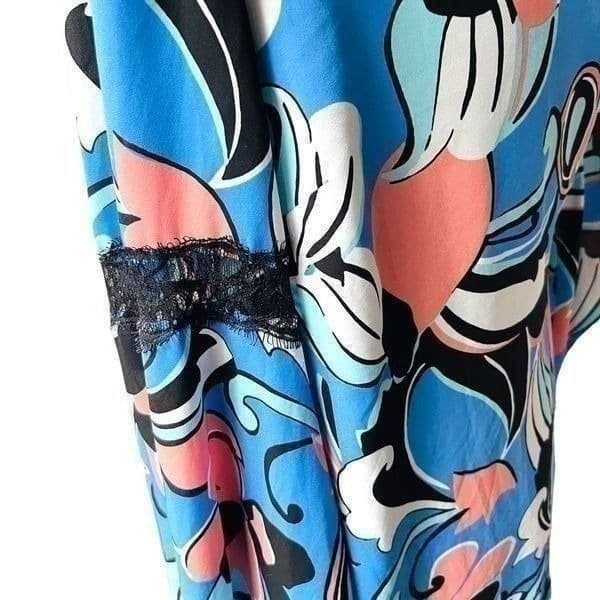 Kari Blue Geometric Abstract Long Sleeve Dress with Lace Sleeve Detail NWOT Size - Thumbnail 5