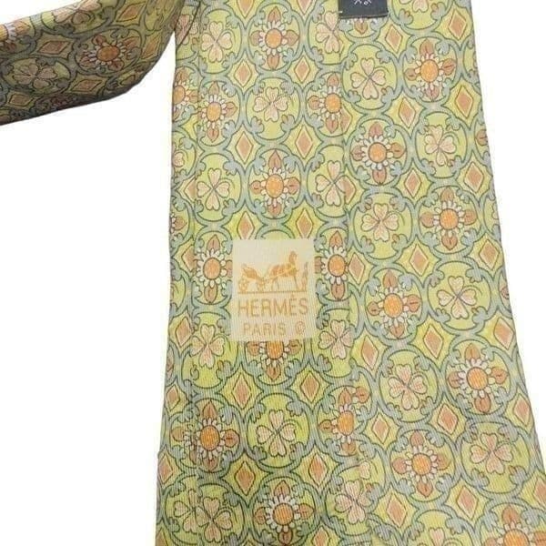 HERMES PARIS 100% Silk Neck Tie Hermes Yellow Green Orange Geometric Abstract Ti - Thumbnail 6