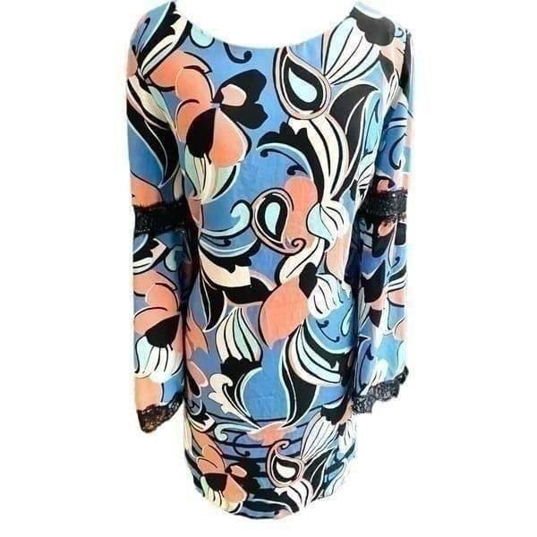 Kari Blue Geometric Abstract Long Sleeve Dress with Lace Sleeve Detail NWOT Size - Thumbnail 3