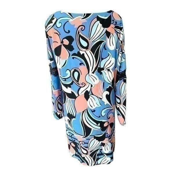 Kari Blue Geometric Abstract Long Sleeve Dress with Lace Sleeve Detail NWOT Size - Thumbnail 4