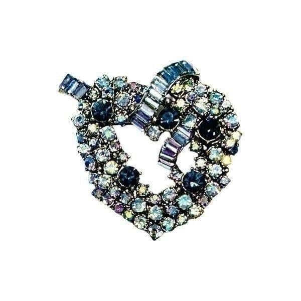 VINTAGE Crystal Rhinestone Blue Aurora Borealis Heart Shaped Ribbon Brooch Pin M - Thumbnail 2
