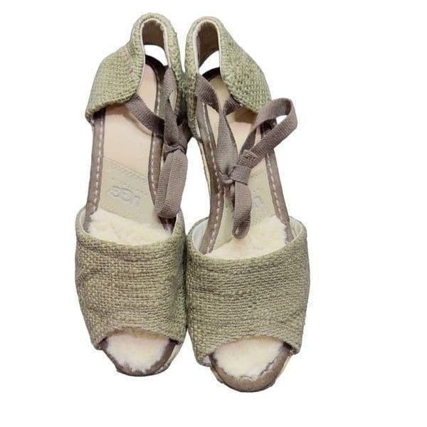 UGG Brianda Military Green Espadrille Cotton Sheepskin Wedge Sandals UGG Shoes T - Thumbnail 6