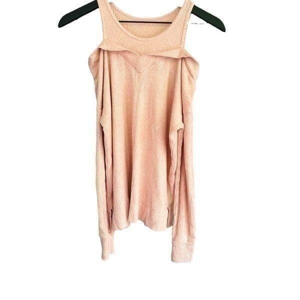 ANTHROPOLOGIE SATURDAY SUNDAY Stretch Ribbed Light Pink Cold Shoulder Long Sleev - Thumbnail 4