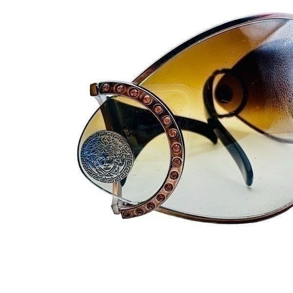 VERSACE Medusa Logo Sunglasses Brown Gold SWAROVSKI Crystal Embellished Shield O - Thumbnail 5