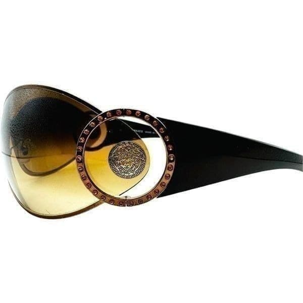 VERSACE Medusa Logo Sunglasses Brown Gold SWAROVSKI Crystal Embellished Shield O - Thumbnail 2