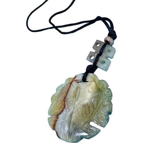 JADE JADEITE Antique Vintage Koi Fish Oriental Carved Pendant on Silk Cord Long - Image 1