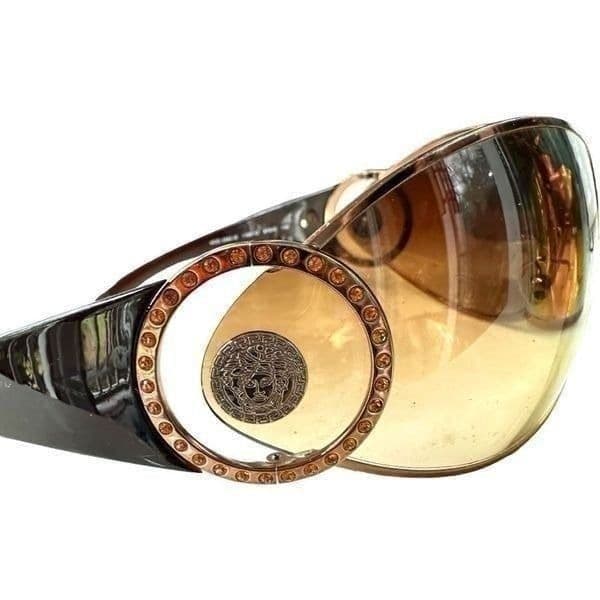 VERSACE Medusa Logo Sunglasses Brown Gold SWAROVSKI Crystal Embellished Shield O - Thumbnail 6