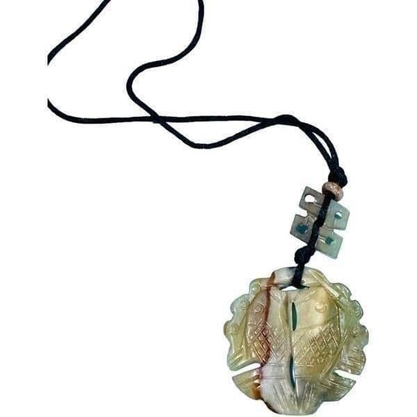 JADE JADEITE Antique Vintage Koi Fish Oriental Carved Pendant on Silk Cord Long - Thumbnail 3