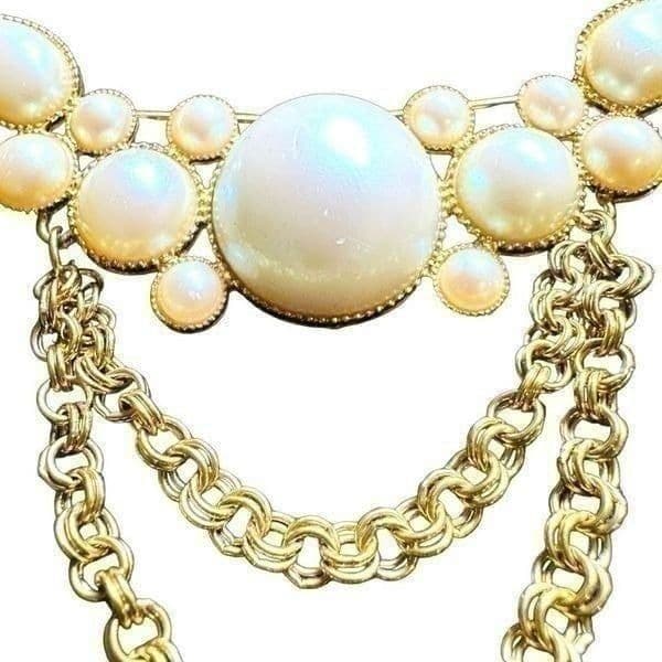 RICHELIEU Signed Goldtone Faux Pearl Vintage Layered Large Brooch - Thumbnail 7