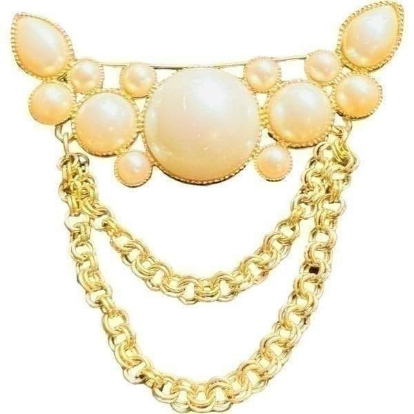 RICHELIEU Signed Goldtone Faux Pearl Vintage Layered Large Brooch - Thumbnail 12