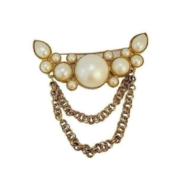 RICHELIEU Signed Goldtone Faux Pearl Vintage Layered Large Brooch - Thumbnail 5