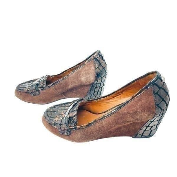 Donald J Pliner NENY CS94 Sleek Pump Suede Leather Croc Embossed Wedge EUC Size - Thumbnail 3