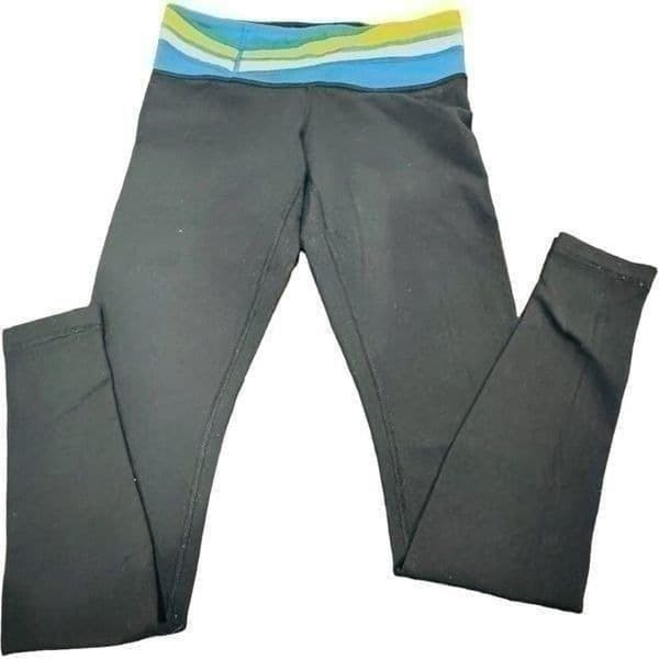 LULULEMON ATHLETICA Yoga Pants Leggings Black Blue White Yellow Striped Tapered - Image 1