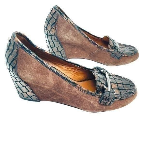 Donald J Pliner NENY CS94 Sleek Pump Suede Leather Croc Embossed Wedge EUC Size - Image 1