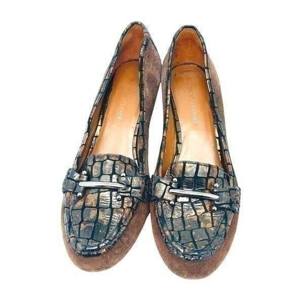 Donald J Pliner NENY CS94 Sleek Pump Suede Leather Croc Embossed Wedge EUC Size - Thumbnail 4