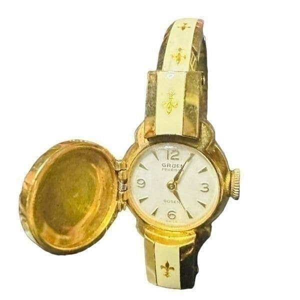 GRUEN Gosen Swiss Vintage Gold Plated Enamel Fleur De Lis Mechanical Manual Wind - Thumbnail 11
