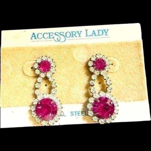 ACCESSORY LADY Deadstock Vintage Fuchsia Pink Rhinestone Dangle Earrings - Image 1