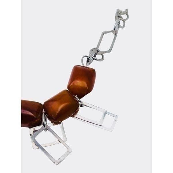 BAKELITE Vintage .925 Sterling Silver and Bakelite Bead Geometric Necklace - Thumbnail 3