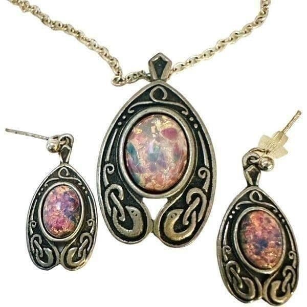 MIRACLE Signed Fire Opal Antiqued Gold Plate Celtic Serpent Necklace Pendant Ear - Image 1
