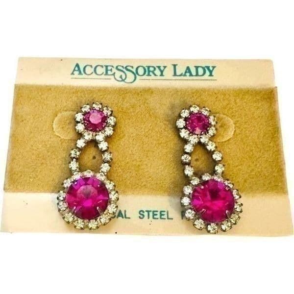 ACCESSORY LADY Deadstock Vintage Fuchsia Pink Rhinestone Dangle Earrings - Thumbnail 2