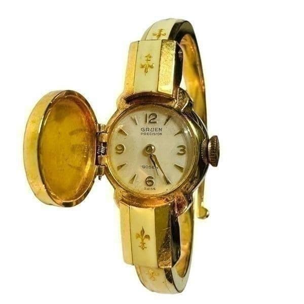 GRUEN Gosen Swiss Vintage Gold Plated Enamel Fleur De Lis Mechanical Manual Wind - Thumbnail 4