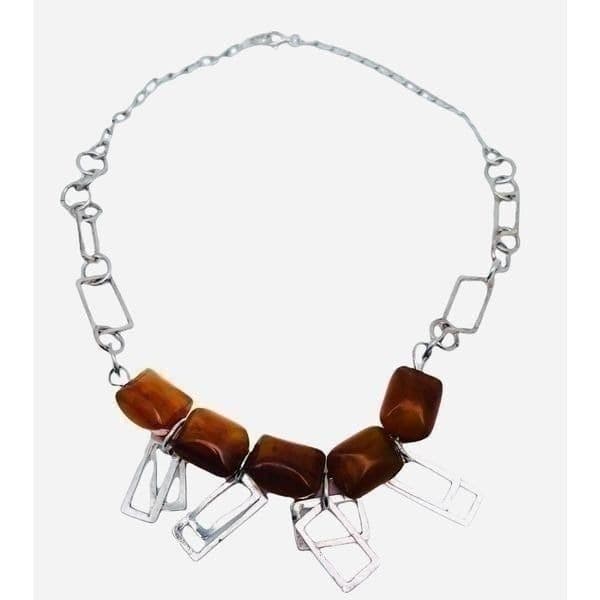 BAKELITE Vintage .925 Sterling Silver and Bakelite Bead Geometric Necklace - Image 1