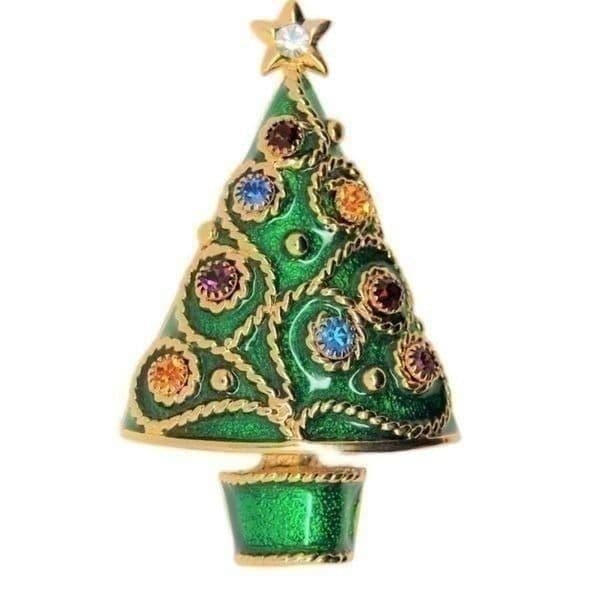 WEINGEROFF Vintage Goldtone Enamel Christmas Tree With Earrings As Ornaments Bro - Image 1