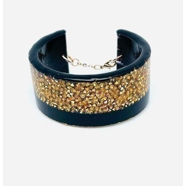 Rare Vintage Confetti Lucite Black & Gold Sequin Cuff Bracelet with Safety Catch - Thumbnail 3