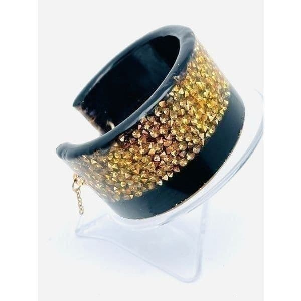 Rare Vintage Confetti Lucite Black & Gold Sequin Cuff Bracelet with Safety Catch - Thumbnail 8