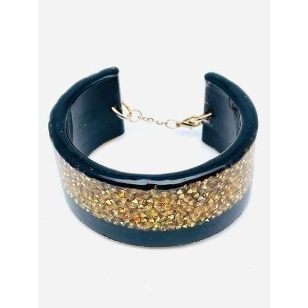 Rare Vintage Confetti Lucite Black & Gold Sequin Cuff Bracelet with Safety Catch - Thumbnail 4
