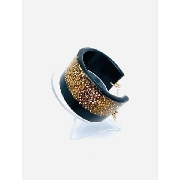 Rare Vintage Confetti Lucite Black & Gold Sequin Cuff Bracelet with Safety Catch - Thumbnail 10