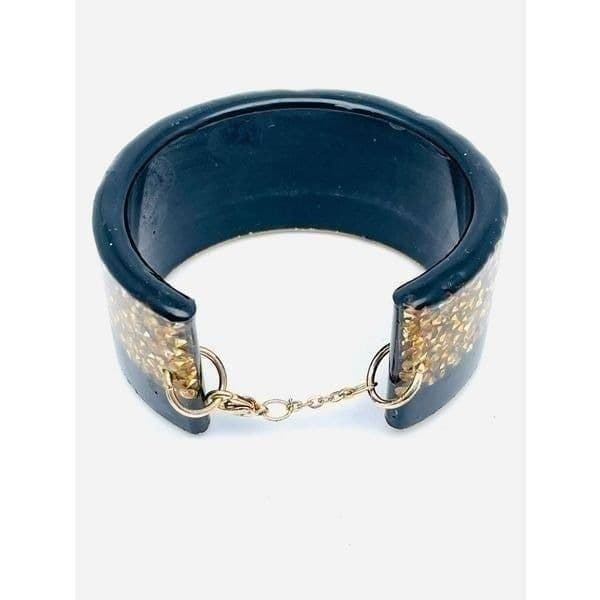 Rare Vintage Confetti Lucite Black & Gold Sequin Cuff Bracelet with Safety Catch - Thumbnail 2