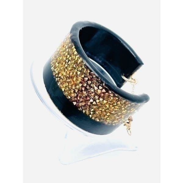 Rare Vintage Confetti Lucite Black & Gold Sequin Cuff Bracelet with Safety Catch - Thumbnail 11