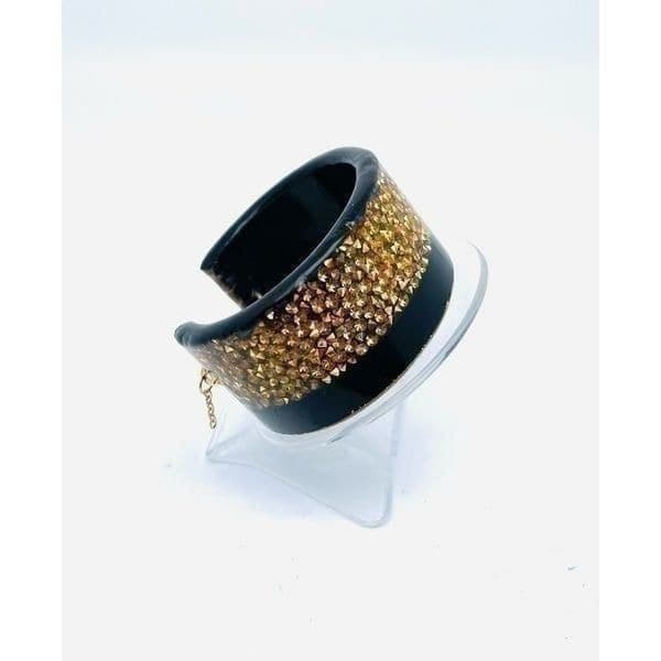 Rare Vintage Confetti Lucite Black & Gold Sequin Cuff Bracelet with Safety Catch - Thumbnail 7