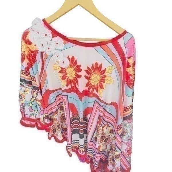 WANDA BEAUCHAMP Asian Floral Embellished Asymmetrical Hem One Sleeve Poncho Blou - Thumbnail 6