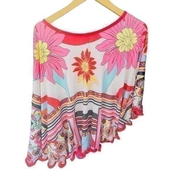 WANDA BEAUCHAMP Asian Floral Embellished Asymmetrical Hem One Sleeve Poncho Blou - Thumbnail 2