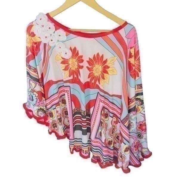 WANDA BEAUCHAMP Asian Floral Embellished Asymmetrical Hem One Sleeve Poncho Blou - Thumbnail 8