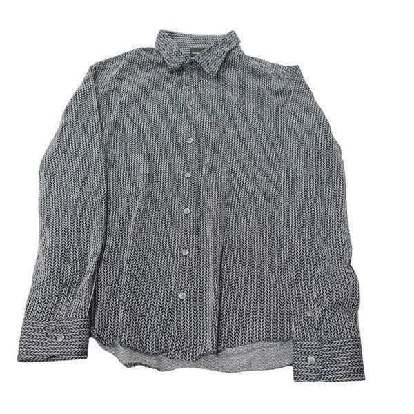 EMPORIO ARMANI Stretch Navy Blue White Long Sleeve Herringbone Collared Shirt Dr - Thumbnail 2