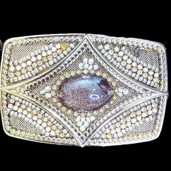 CHICO’S Metallic Gunmetal Silver Embellished Buckle Leather Belt Accessories Siz - Thumbnail 2