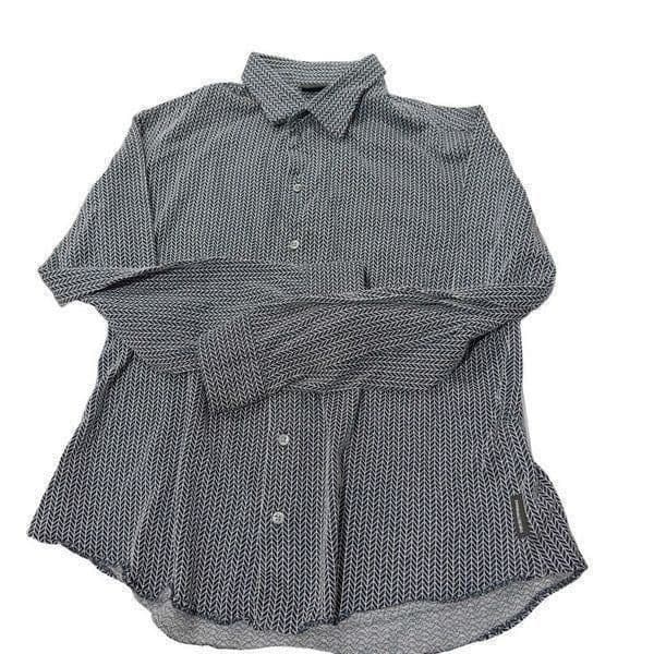 EMPORIO ARMANI Stretch Navy Blue White Long Sleeve Herringbone Collared Shirt Dr
