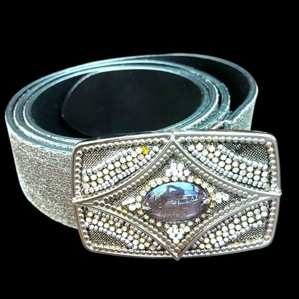 CHICO’S Metallic Gunmetal Silver Embellished Buckle Leather Belt Accessories Siz - Thumbnail 4