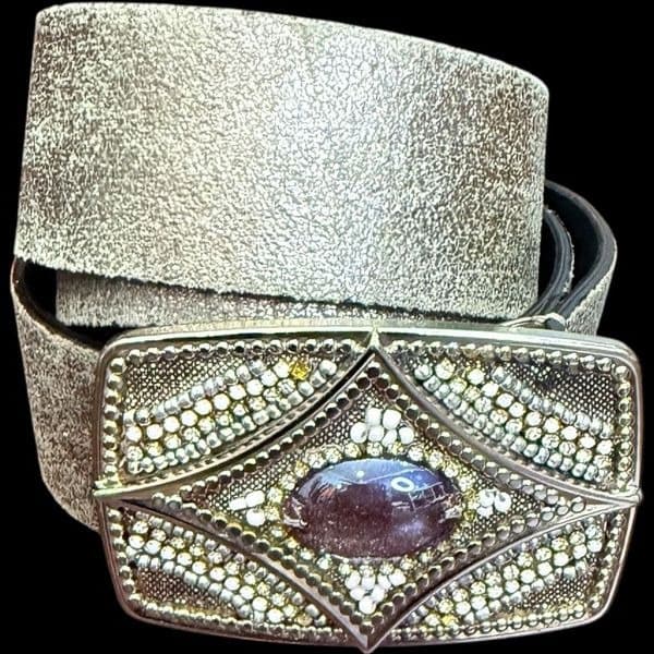 CHICO’S Metallic Gunmetal Silver Embellished Buckle Leather Belt Accessories Siz