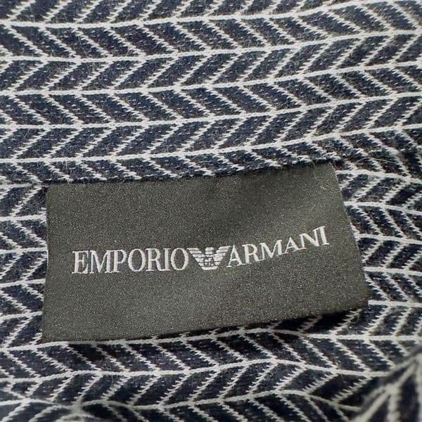 EMPORIO ARMANI Stretch Navy Blue White Long Sleeve Herringbone Collared Shirt Dr - Thumbnail 6