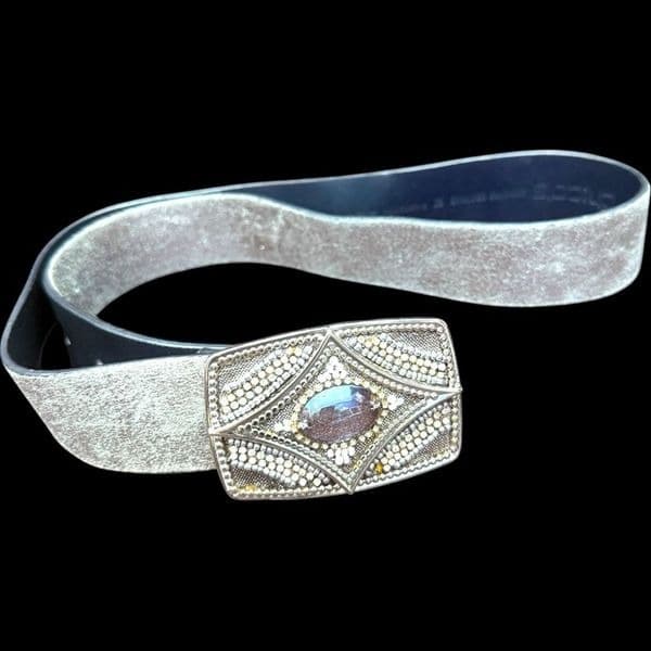CHICO’S Metallic Gunmetal Silver Embellished Buckle Leather Belt Accessories Siz - Thumbnail 5