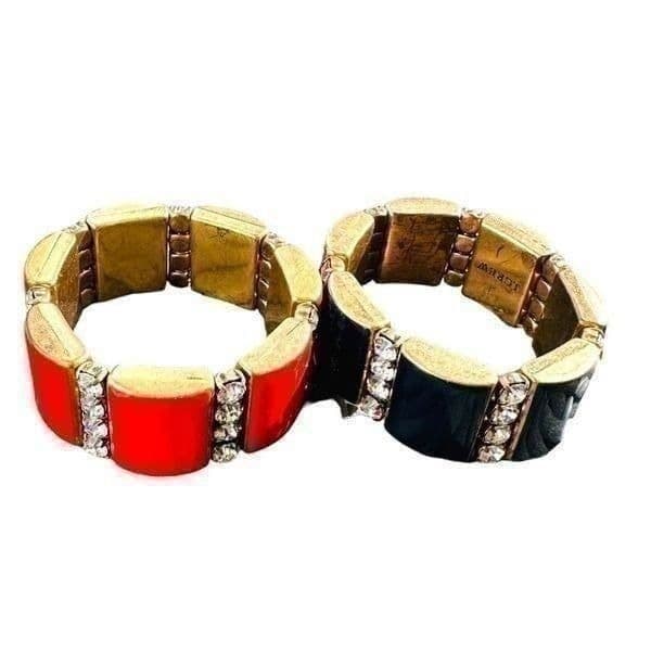 J Crew Red Black Square Gold-Tone Bracelets Rhinestone Diamonds Elastic Bundled - Image 1