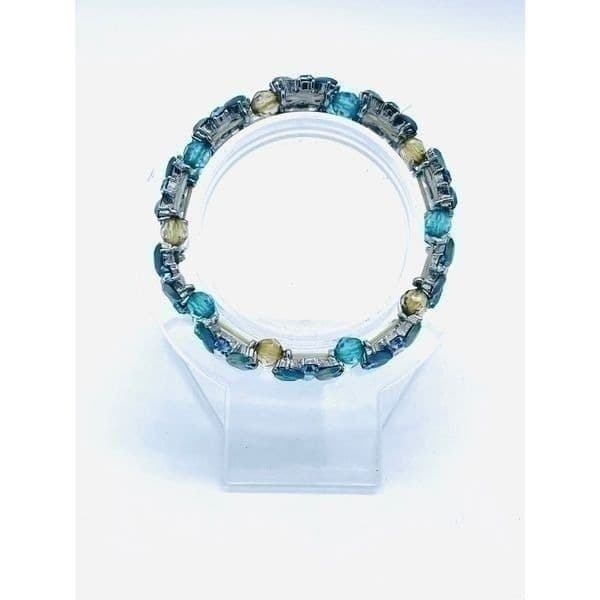 New Blue Green Multicolor Crystal Silvertone Stretch Bracelet - Thumbnail 2