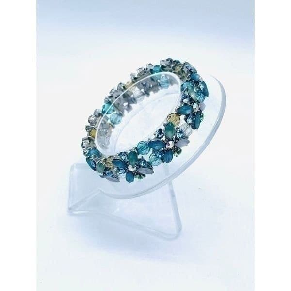 New Blue Green Multicolor Crystal Silvertone Stretch Bracelet - Thumbnail 3